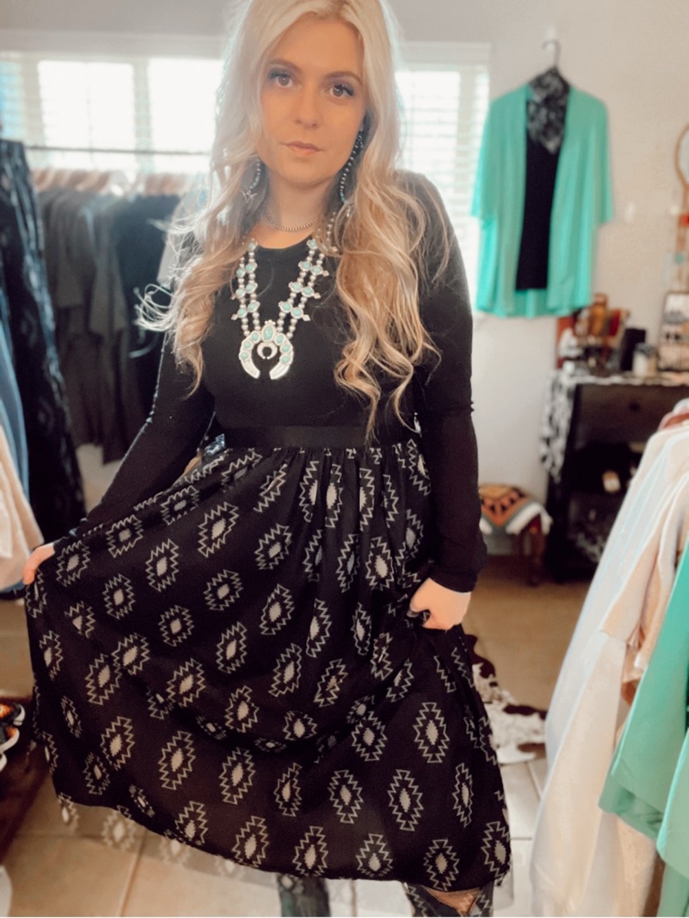 Women's Black Aztec-Print Midi Skirt